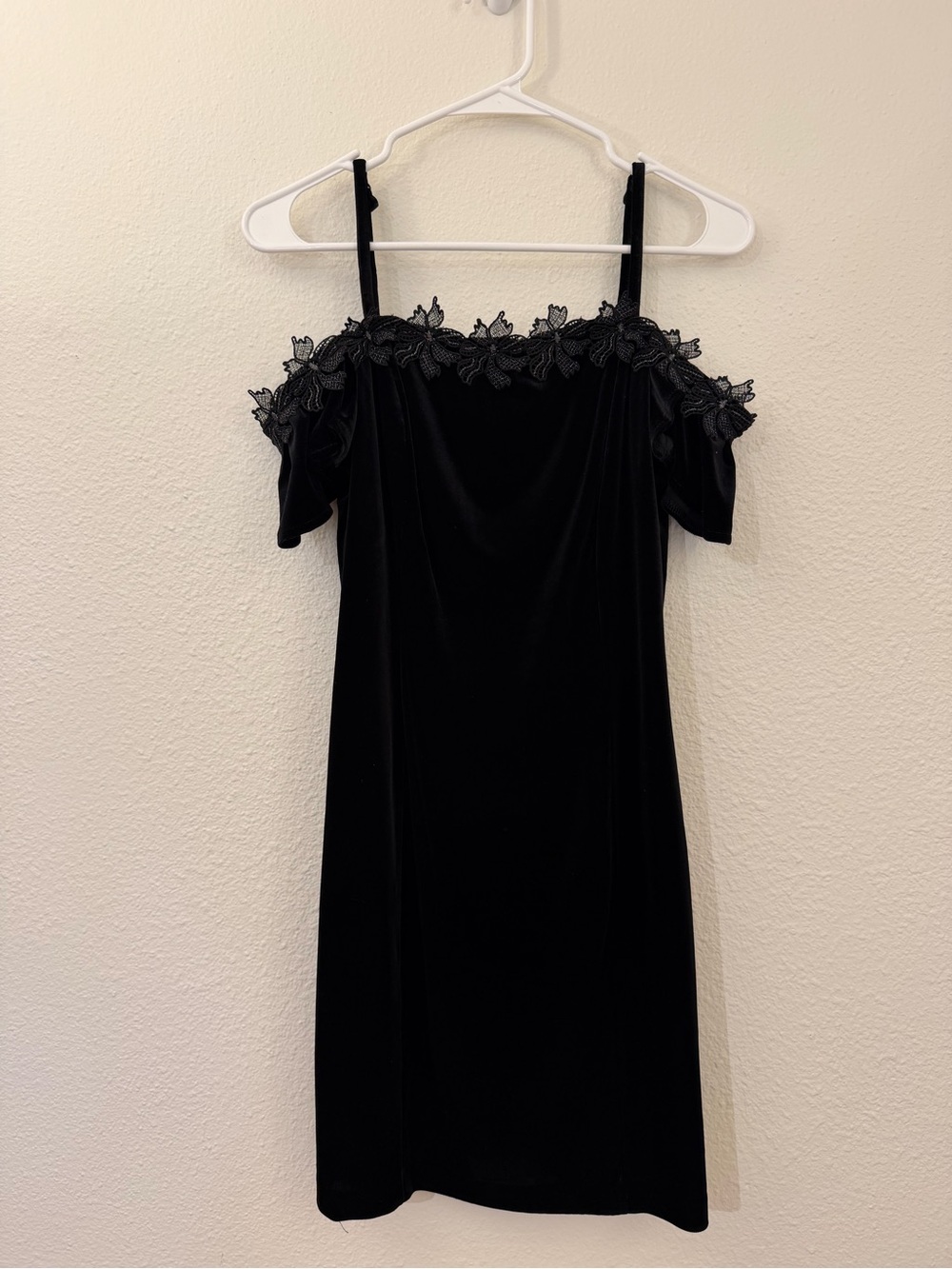 Kensie Black Velvet Off-Shoulder Mini Dress with Floral Lace